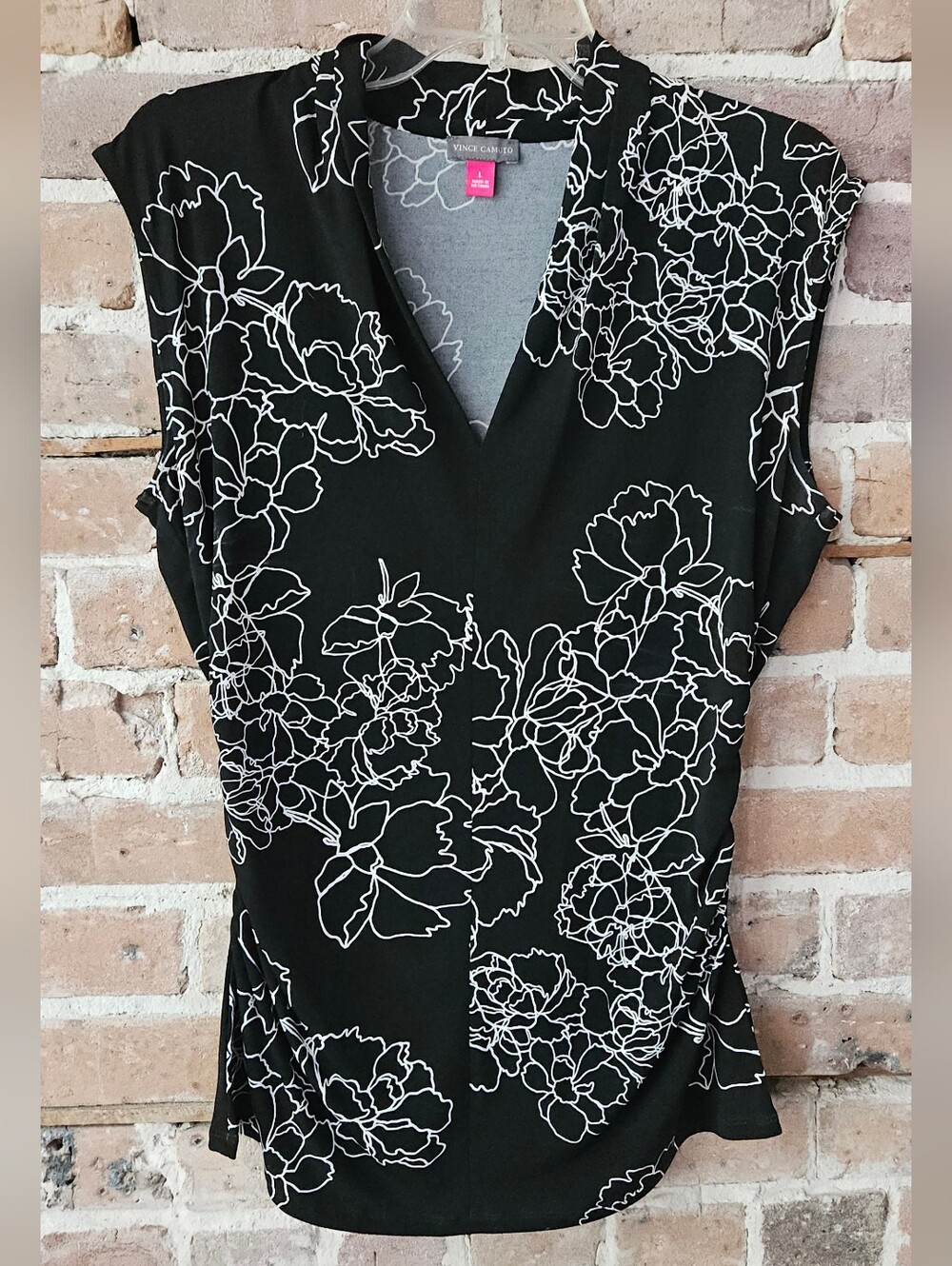 Vince Camuto Black Sleeveless V-Neck Top with White Floral Outline